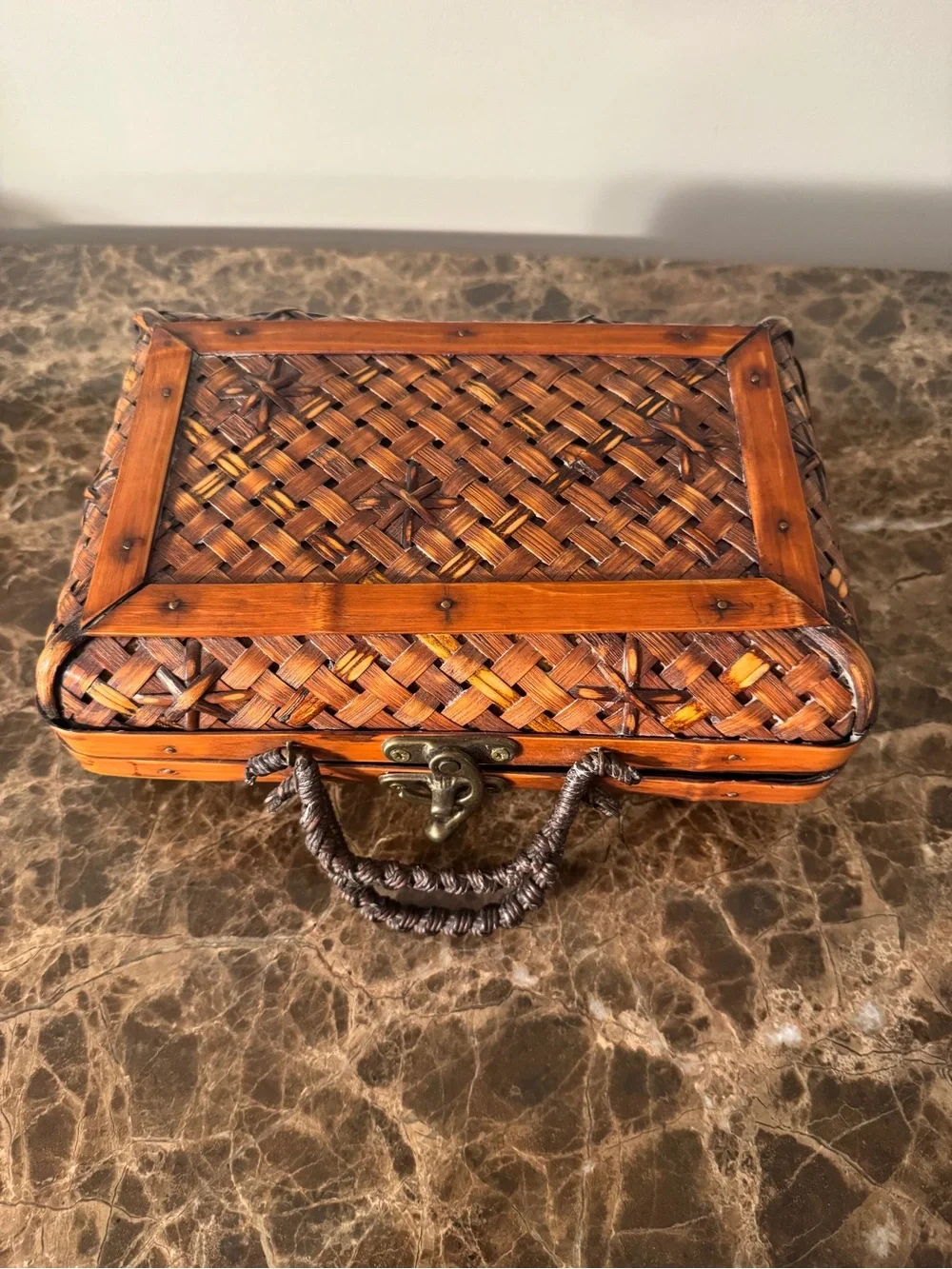 Vintage Woven Wood Storage Box / Trinket Case with Braided Handle